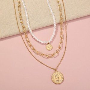 Multilayer Chain Necklace Pearl Pendant Necklace‎ Portrait Choker